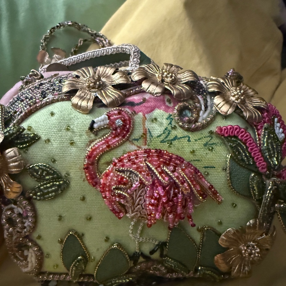 Mary Frances Pink and Gold Flamingo Clutch
